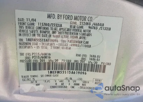 2005 Mercury Sable Ls from USA, damaged, VIN 1MEFM55S15A619096